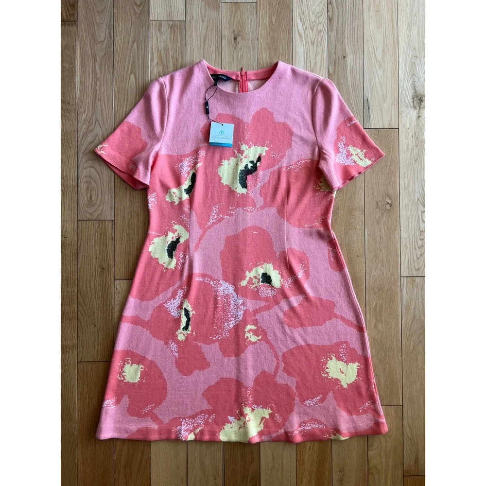 NEW Ming Wang Floral Jacquard Knit A Line Short Sleeve Dress Peach Coral Size L